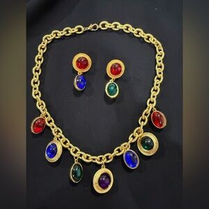 Gold Chain Necklace and Earring Set with Multicolor Stones